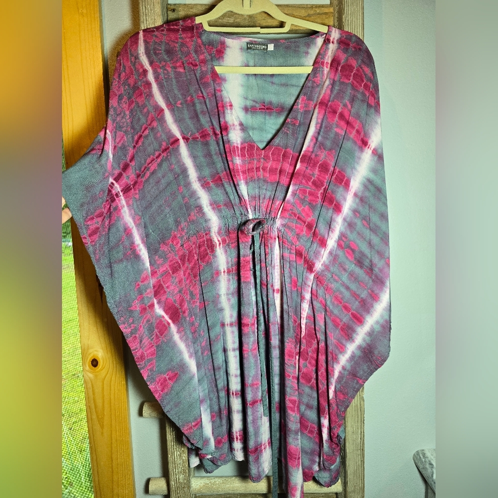 EARTHBOUND Trading Co Pink Gray Boho Tie-Dye Tunic Top Large